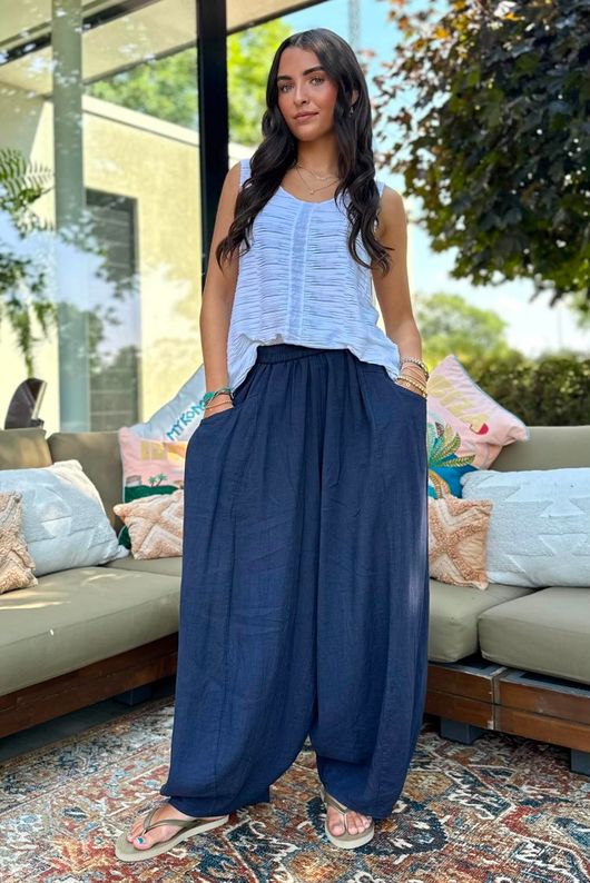 Sandbar Linen Blend Bloom Barrel Pant Navy